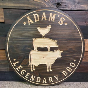 BBQ Sign, Chicken Pig Cow Sign, Personalized BBQ Sign, Carved Wood Sign, Grill Sign, Custom Round Sign, Smoker, BBQ Gifts, Gifts for Men