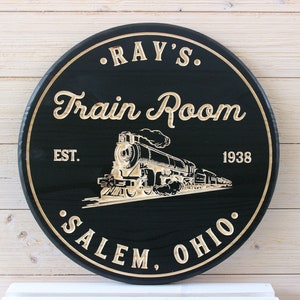 Train Room Sign, Carved Wood Signs, Train Sign, Personalized Sign, Man Cave, Game Room Signs, Train Decor, Birthday Gift, image 1