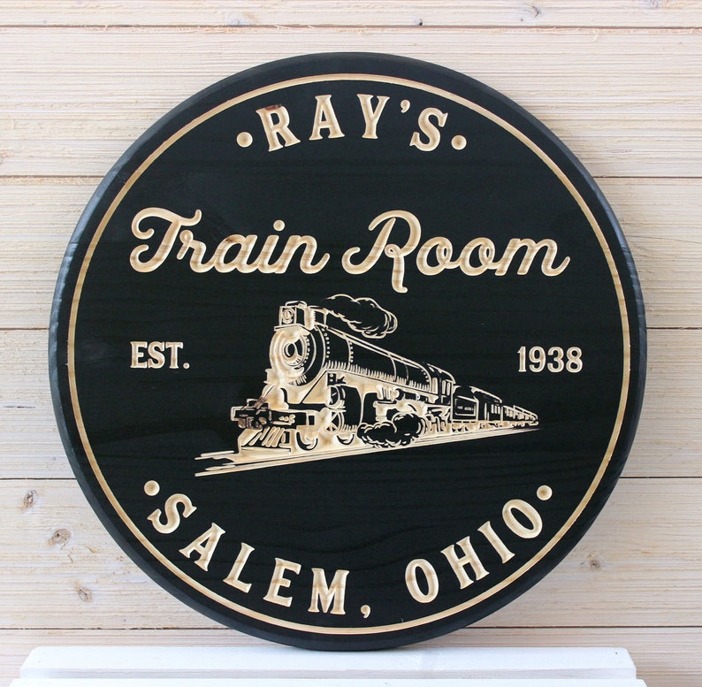 Train Room Sign, Carved Wood Signs, Train Sign, Personalized Sign, Man Cave, Game Room Signs, Train Decor, Birthday Gift, image 1