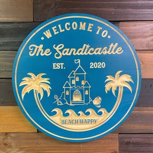 Sand Castle Sign, Pool Sign, Beach Sign, Personalized Bar Sign, Carved Wood Signs, Palm Tree Sign, Pool Decor, Bar Signs,,  Gift