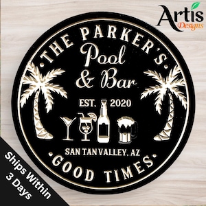 Custom Bar Sign, Pool Bar, Tiki Bar Sign, Personalized Bar Sign, Carved Wood Signs, Palm Tree Sign, Pool Decor, Bar Signs, s