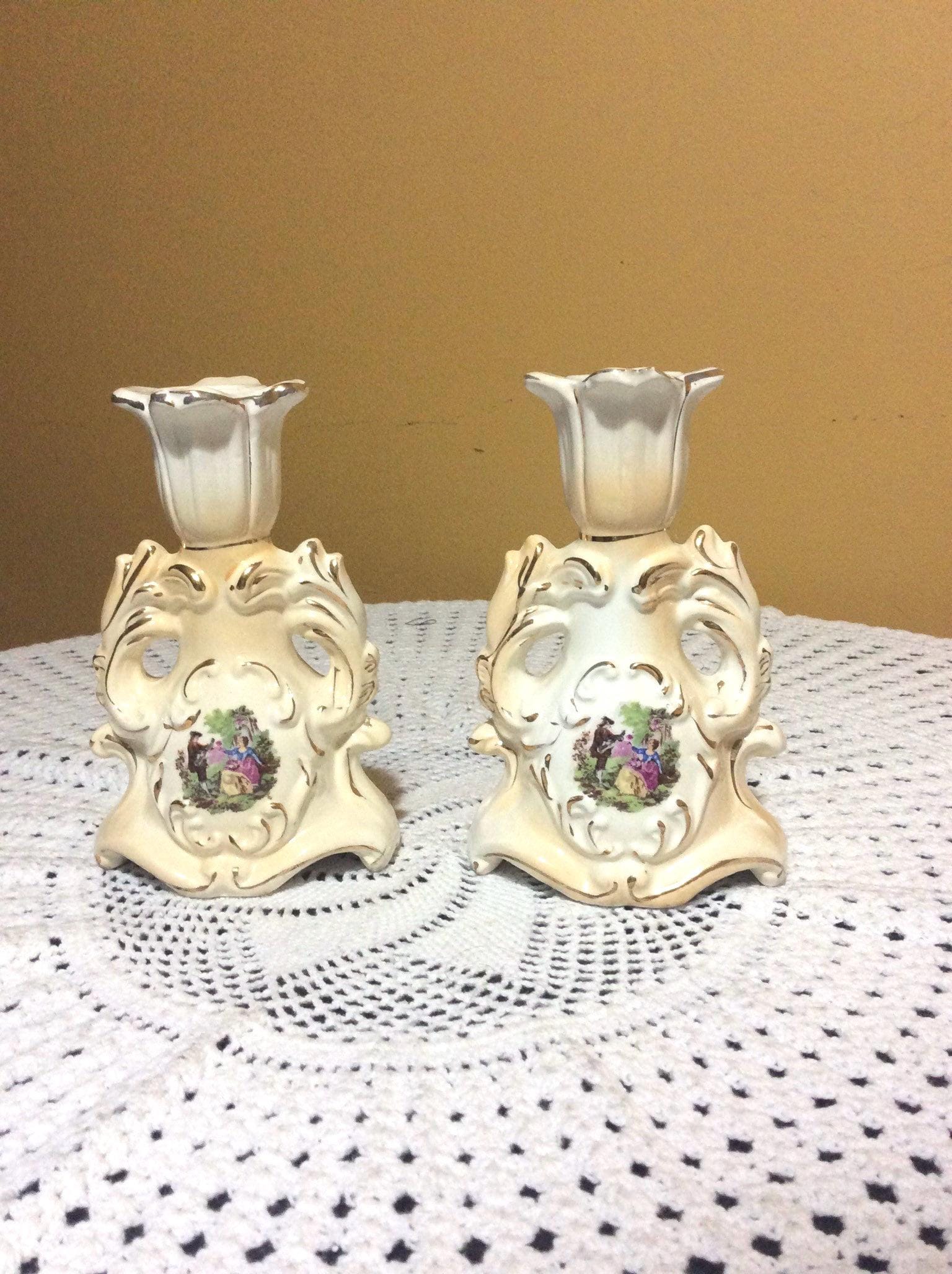 Pair of Antique Victorian Romantic Candlestick Holders 6”