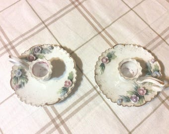 Vintage Lefton China Floral Multicolor Pair Of Candlestick Holders Made In Japan