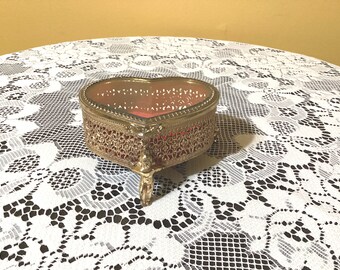 Vintage Cherub Footed Trinket Box with Beveled Glass Lid