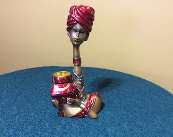 Hand Crafted Vintage African Women Sculpture Candlestick Holder Figurine