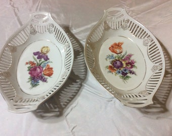 Antique Set Of Germany Hand Painted Floral Oval Dishes