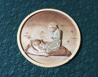 Italian Florentine Carved Wooden Mary And Baby Jesus Wall Hanging Plaque
