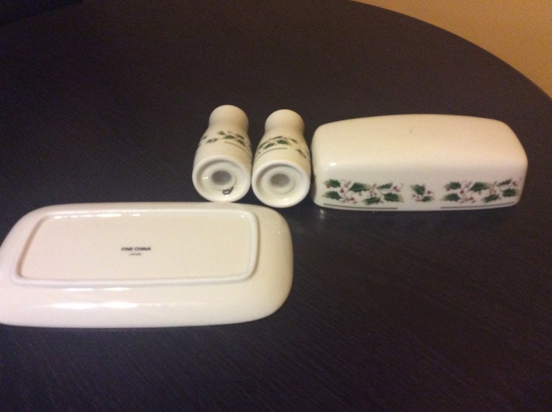 Holiday Vintage Hostess Set Butter Dish And Salt and Pepper Shakers
