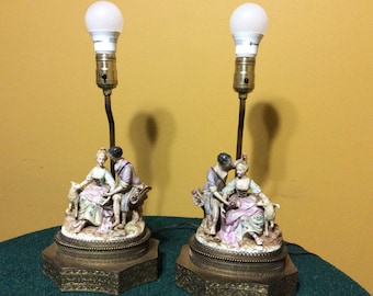 Antique Victorian Colonial Lady and Gentlemen Lamps Set Of 2