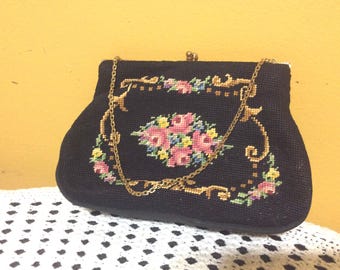 Antique Petit Point Needlepoint Tabestry Floral Evening Purse