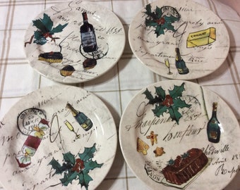 Vintage Christmas Dessert Plates (4) - French Script Made in Portugal