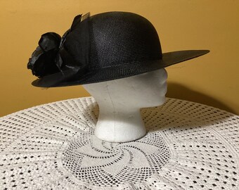 Vintage Morgan Taylor Black Wide-Brim Straw Sun Hat with Bow Vintage Shabby Chic Morgan Taylor Straw Hat Made in Italy - Etsy main image 2