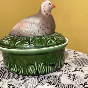 Può includere: Un piatto da portata in ceramica verde con un coperchio a forma di uccello. L'uccello è grigio e bianco con un becco rosa. Il piatto è decorato con foglie e erba verdi.