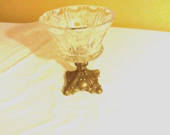 Vintage Beautiful Cut Crystal Compote Candy Dish with  Brass Pedestal