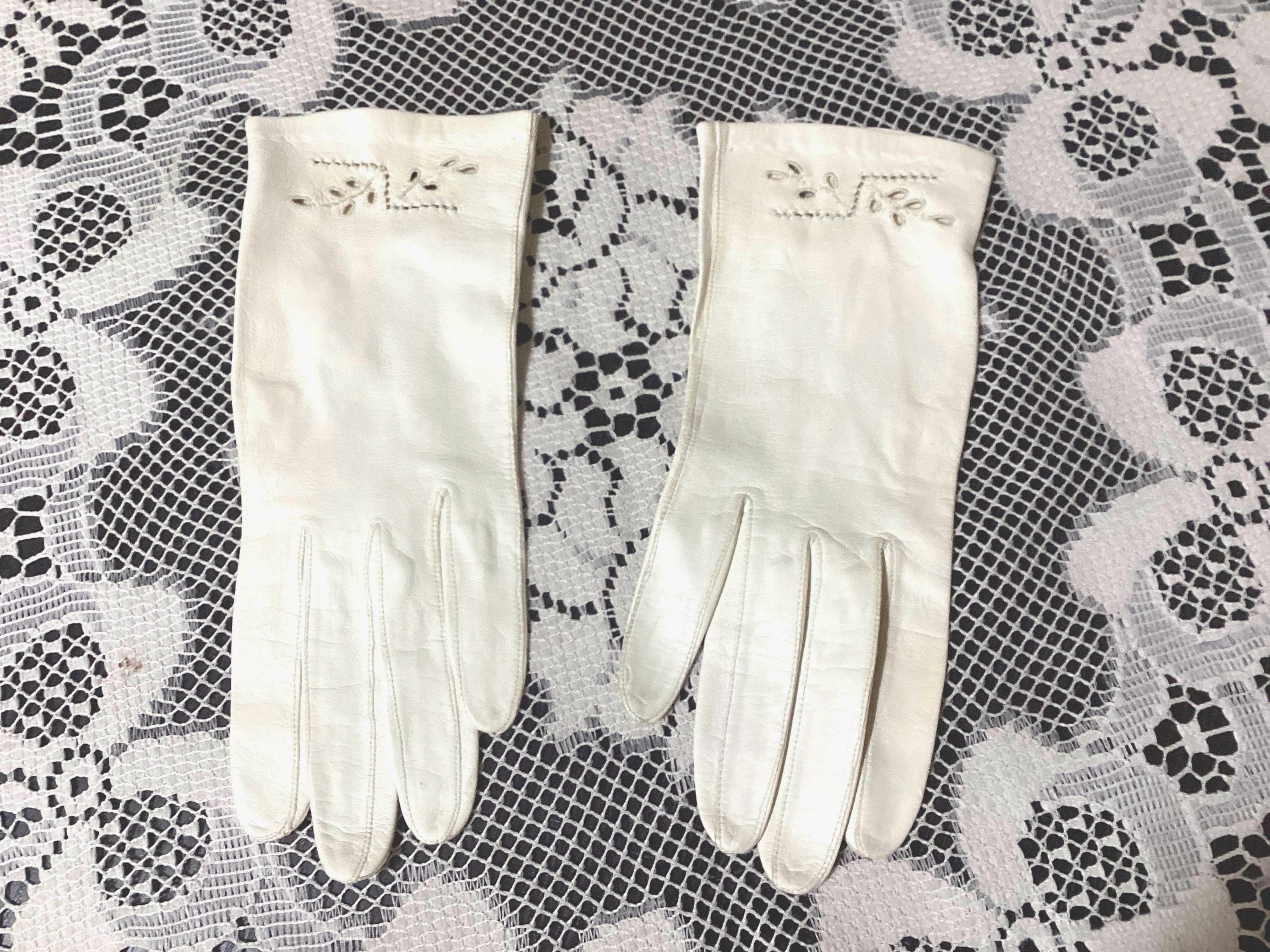 Vintage Washable Leather Gloves with Embroidery size 7