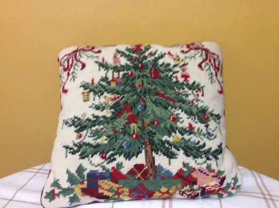 Vintage Needlepoint Old World Holly Berry Christmas Pillow Etsy