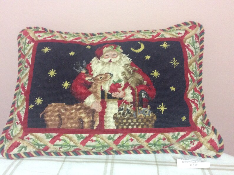 Needlepoint Christmas Old World Santa And His Reindeer Pillow Etsy