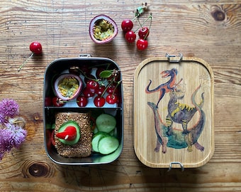 Stainless steel lunch box with dino pyramid and name option including stainless steel divider