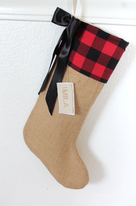 Burlap and Buffalo Plaid Christmas Stocking with Bow