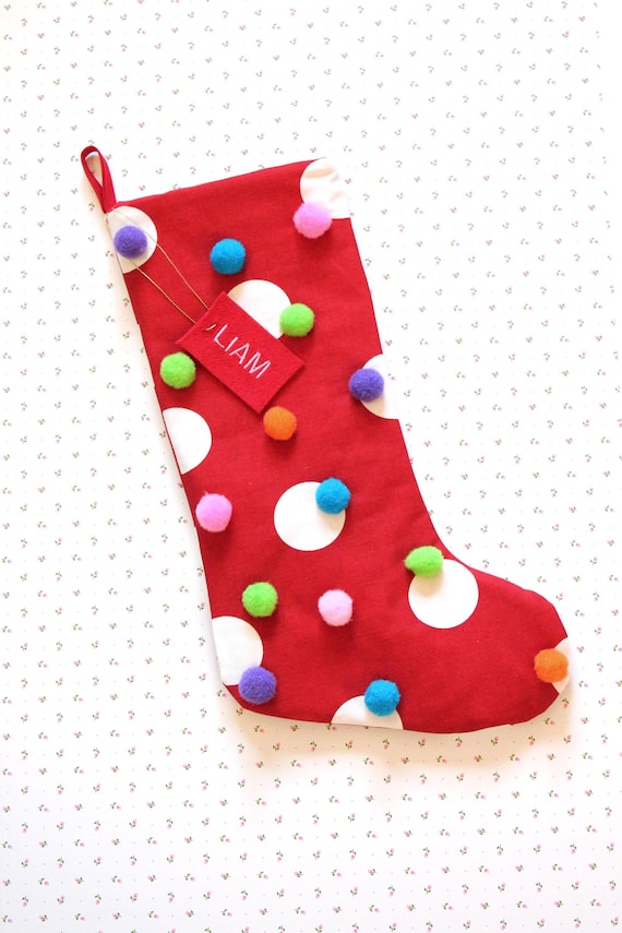 Personalized Polka Dot Christmas Stocking: Red Cotton Canvas with Pom Poms