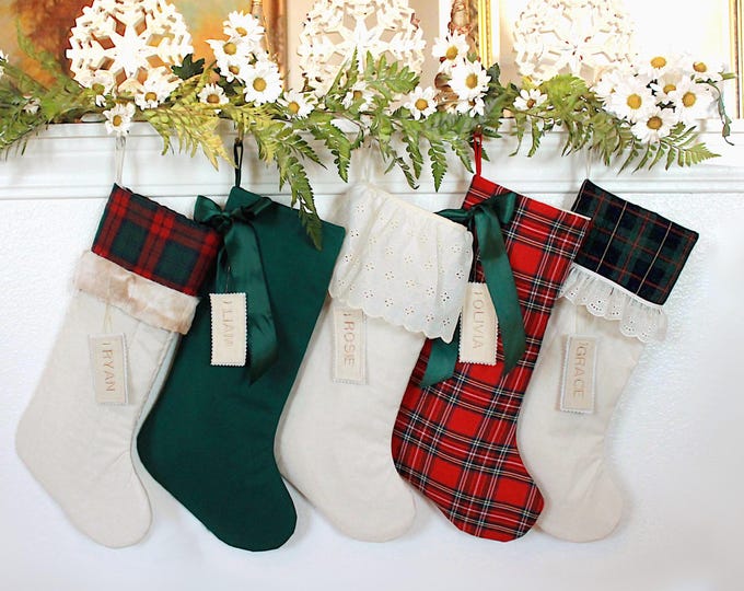 Featured listing image: Personalized Plaid Christmas Stocking: Handmade USA, Heirloom, Custom Elegant Family Stockings