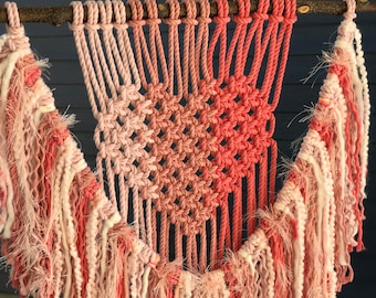 Macrame wall hanging,coral and pink, coral wall hangings,coral nursery decor,pink nursery,girls bedroom wall art,colorful macrame,boho art