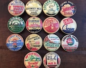 SET OF SIX, 1.5 quot ,vintage dairy labels,cabinet knobs,drawer pulls,milk labels,dairy label knobs,farmhouse kitchen knobs,country kitchen knobs