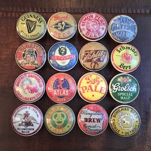 SET OF SIX,1.5 inch,vintage beer label,beer knobs,cabinet knobs,drawer pulls,vintage knobs,vintage labels,game room knobs,bar knobs,man cave