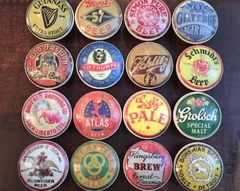 SET OF SIX,1.5 inch,vintage beer label,beer knobs,cabinet knobs,drawer pulls,vintage knobs,vintage labels,game room knobs,bar knobs,man cave
