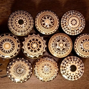 SET OF SIX, 1.5 inch mandalas,gold,black,black and gold,cabinet knobs,drawer pulls,Indian art