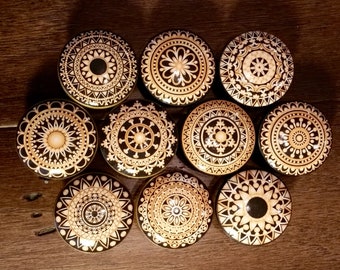 SET OF SIX, 1.5 inch mandalas,gold,black,black and gold,cabinet knobs,drawer pulls,Indian art