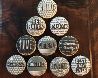 SET OF SIX, 1.5",Black and white knobs,gray,inspirational words,love,happy,modern,cabinet knobs,drawer pulls,modern knobs