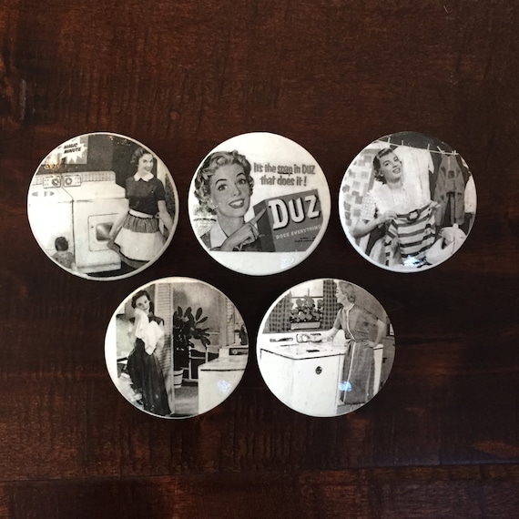 Set Of Six 2 Vintage Housewives 50 S Housewives Laundry Room Knobs Cabinet Knobs Drawer Pulls Black And White Knobs Laundry Room