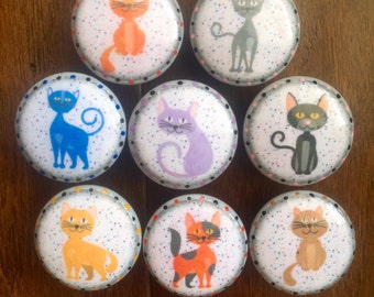 SET OF SIX, 1.5 inch, cats,colorful,funny cats,blue,kitchen,baby nursery,lavender,calico,gray,orange,yellow