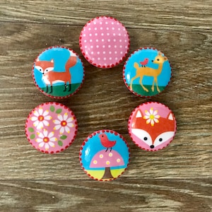 Könnte beinhalten: Sechs runde Holzgriffe mit bunten Illustrationen eines Fuchses, eines Rehs, eines Vogels und Blumen. Die Griffe haben einen rosa, blauen und grünen Hintergrund.