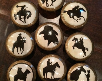 SET OF SIX, 1.5 inch western,cowboy,horse,horses,rodeo,silhouettes,brown,gold,southwestern