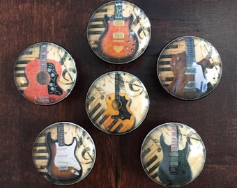 SET OF SIX,1.5 inch guitars, black, cabinet knobs, drawer pulls, acoustic, electric guitars,musical instrument knobs,brown knobs