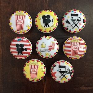 SET OF SIX, 1.5",movie theater themed knobs,cabinet knobs,drawer pulls,game room knobs,media room knobs,popcorn,theater room,red,yellow