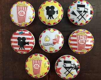 SET OF SIX, 1.5",movie theater themed knobs,cabinet knobs,drawer pulls,game room knobs,media room knobs,popcorn,theater room,red,yellow