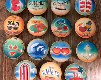 SET OF SIX, 1.5",beach themed knobs,vacation home,cabinet knobs,drawer pulls,bikini,sand,swimsuits,beach house knobs,sunglasses,orange,ocean