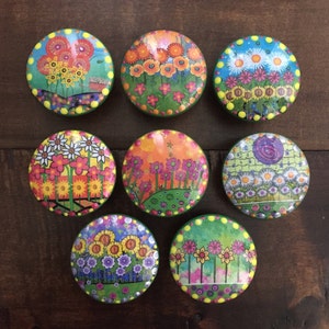 SET OF SIX, 1.5&quot;,fun flower knobs,floral knobs,cabinet knobs,drawer pulls,lavender knobs,green knobs,yellow,pink,colorful knobs,purple knobs