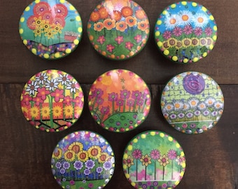 SET OF SIX, 1.5",fun flower knobs,floral knobs,cabinet knobs,drawer pulls,lavender knobs,green knobs,yellow,pink,colorful knobs,purple knobs