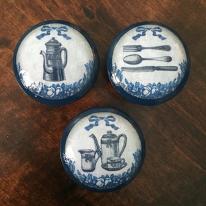 SET OF SIX, 1.5 inch, cabinet knobs,Shabby cottage, Blue kitchen decor, vintage utensils, kitchen knobs, French country kitchen,drawer pulls