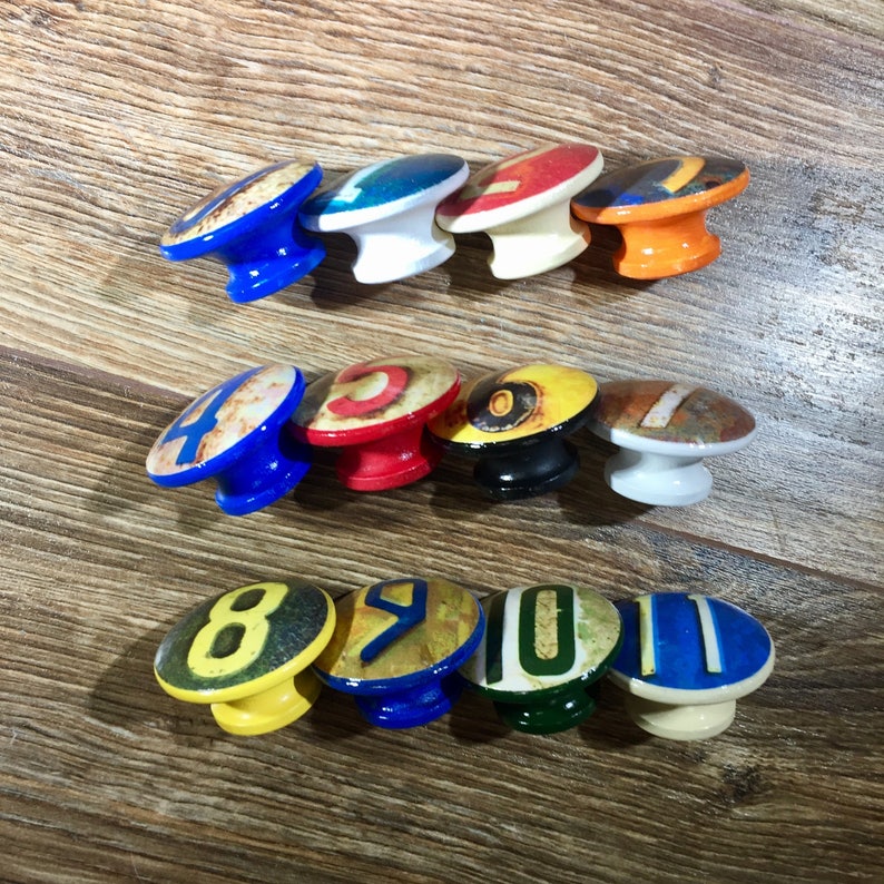 SET OF SIX, 1.5 inch vintage numbers,cabinet knobs,drawer pulls,multicolored,vintage knobs,colorful knobs, image 2