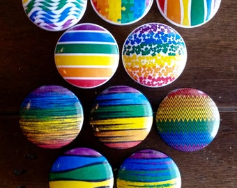 SET OF SIX, 1.5 inch rainbow,cabinet knobs,drawer pulls,primary colors,rainbow stripes,white,black, colorful