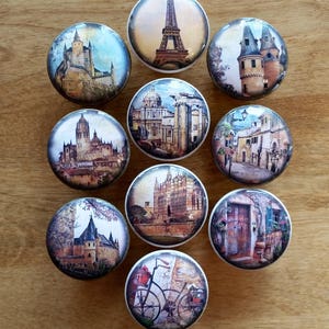 SET OF SIX, 1.5 inch, travel, cabinet knobs, drawer pulls, castles, Europe, street views, brown,arks, kitchen, bedroom, bathroom, Landmarks