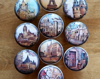 SET OF SIX, 1.5 inch, travel, cabinet knobs, drawer pulls, castles, Europe, street views, brown,arks, kitchen, bedroom, bathroom, Landmarks