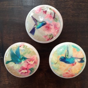 May include: Three round ceramic knobs with a hummingbird and floral design. The knobs are white with a glossy finish. The hummingbirds are blue, green, and purple with pink and yellow flowers.