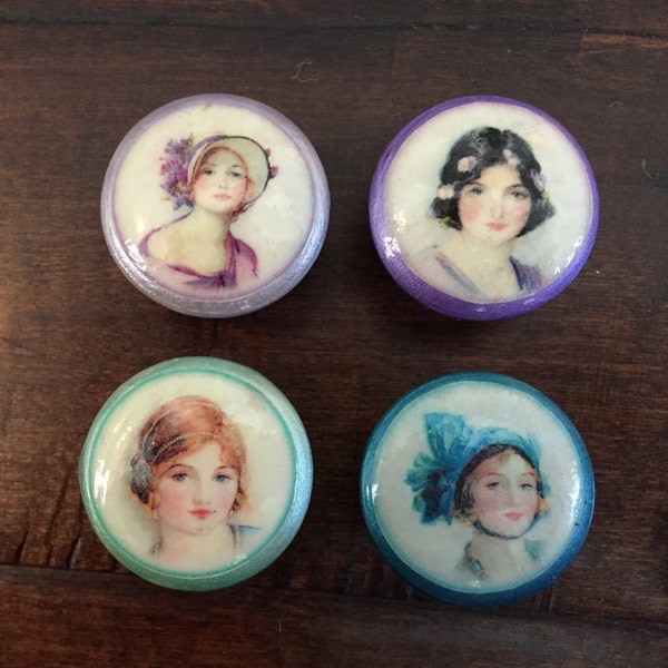 SET OF SIX, 1.5 inch,vintage ladies,cabinet knobs,vintage girls, classic women, beautiful, faces, dresser drawer pulls