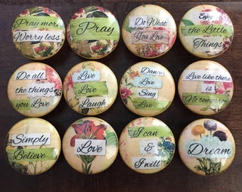 SET OF SIX, 1.5 inch inspirational, words,phrases,gold,floral,moss green